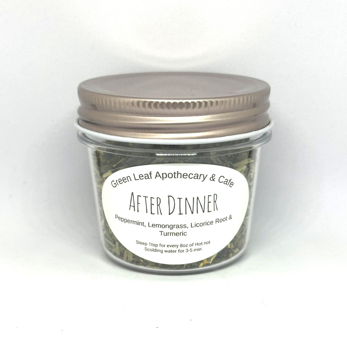 After Dinner mixed tea in a Green Leaf Apothecary & Cafe jar