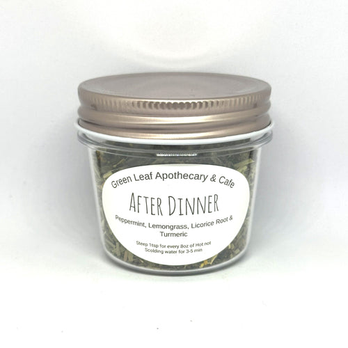 After Dinner mixed tea in a Green Leaf Apothecary & Cafe jar