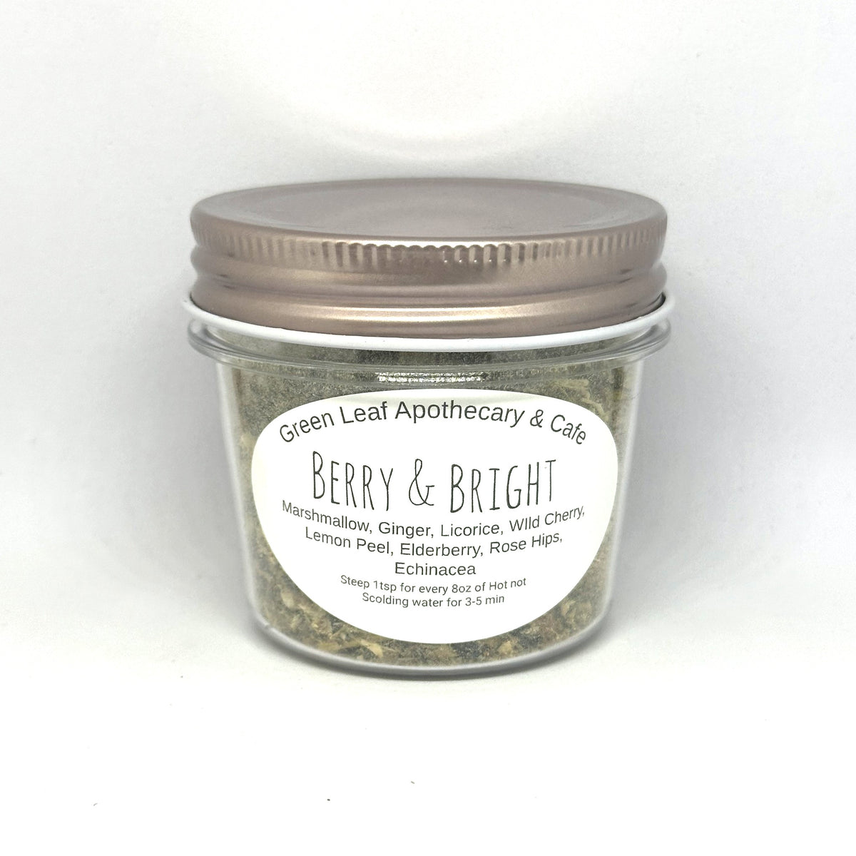 Berry & Bright mixed tea in a Green Leaf Apothecary & Cafe jar