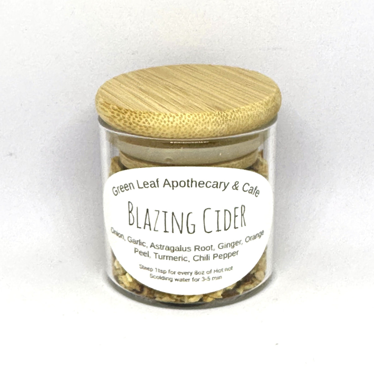 Blazing Cider mixed tea in a Green Leaf Apothecary & Cafe jar
