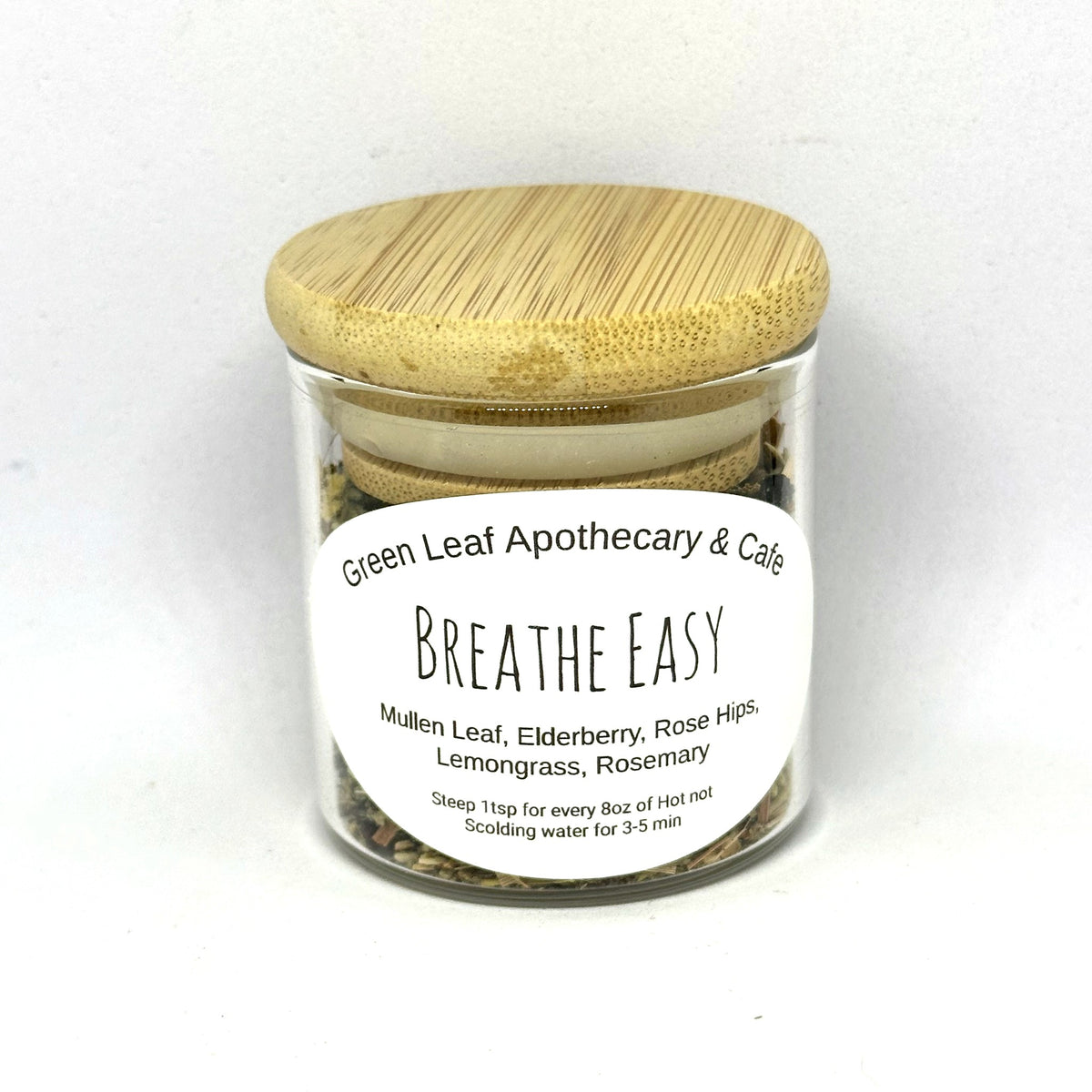 Breathe Easy mixed tea in a Green Leaf Apothecary & Cafe jar