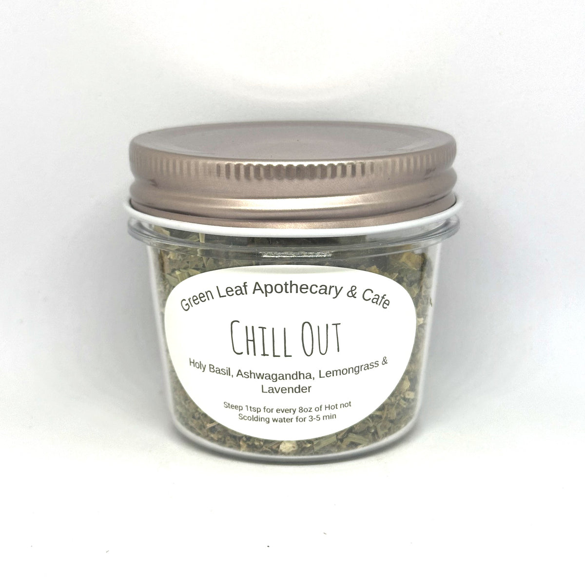 Chill Out mixed tea in a Green Leaf Apothecary & Cafe jar