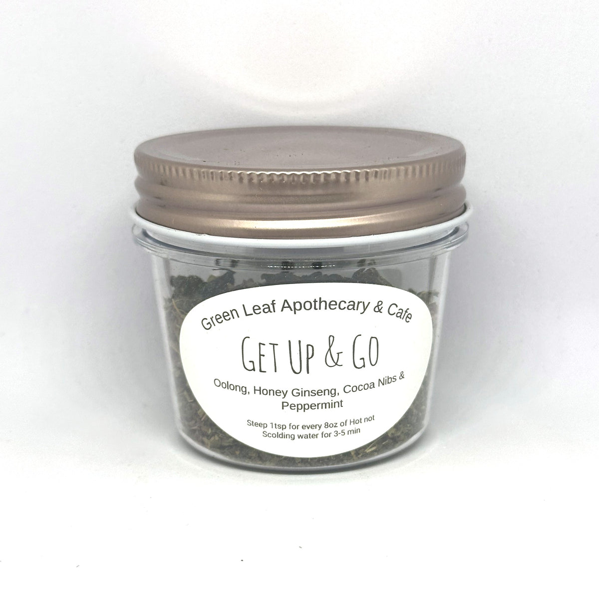 Get Up & Go mixed tea in a Green Leaf Apothecary & Cafe jar