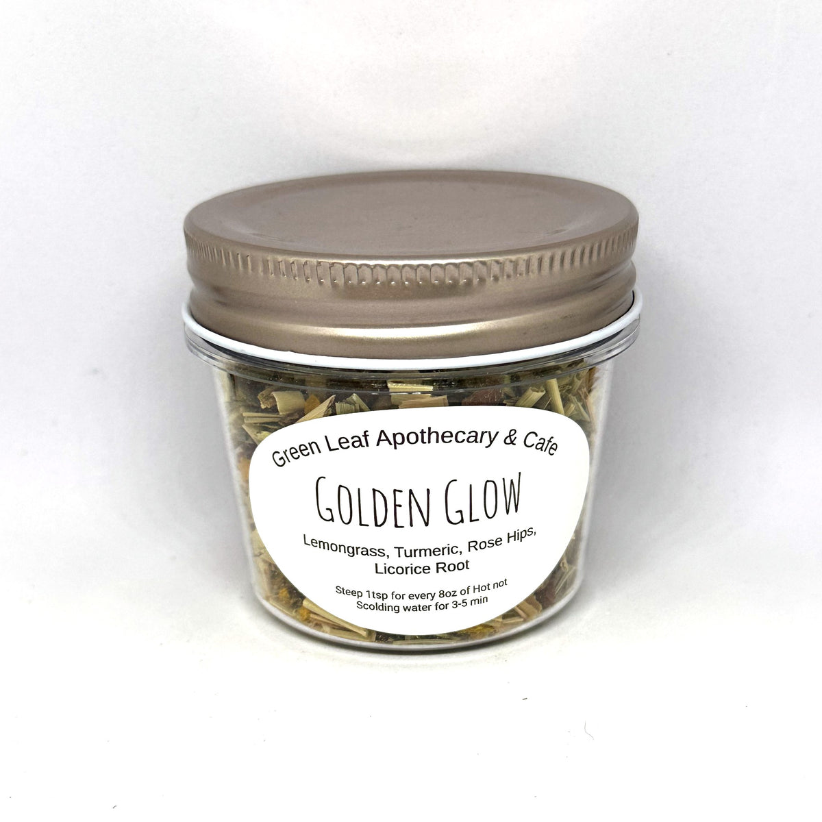 Golden Glow mixed tea in a Green Leaf Apothecary & Cafe jar