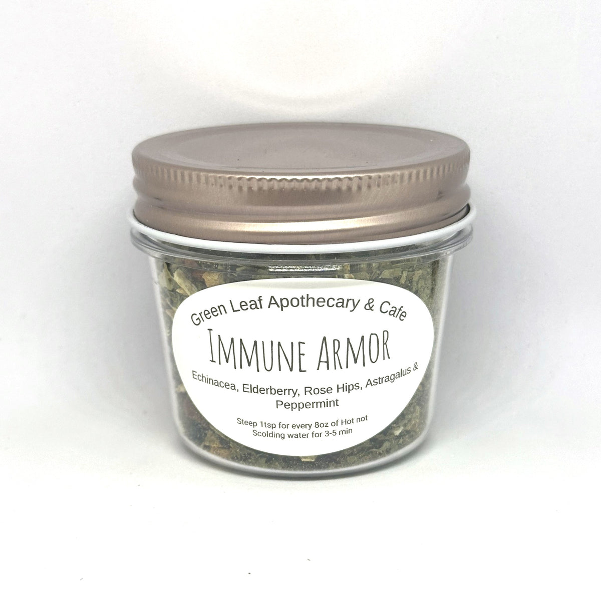 Immune Armor mixed tea in a Green Leaf Apothecary & Cafe jar