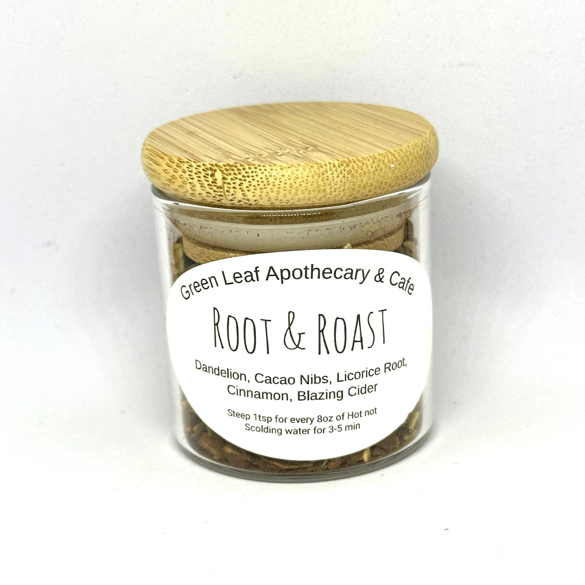 Root & Roast mixed tea in a Green Leaf Apothecary & Cafe jar