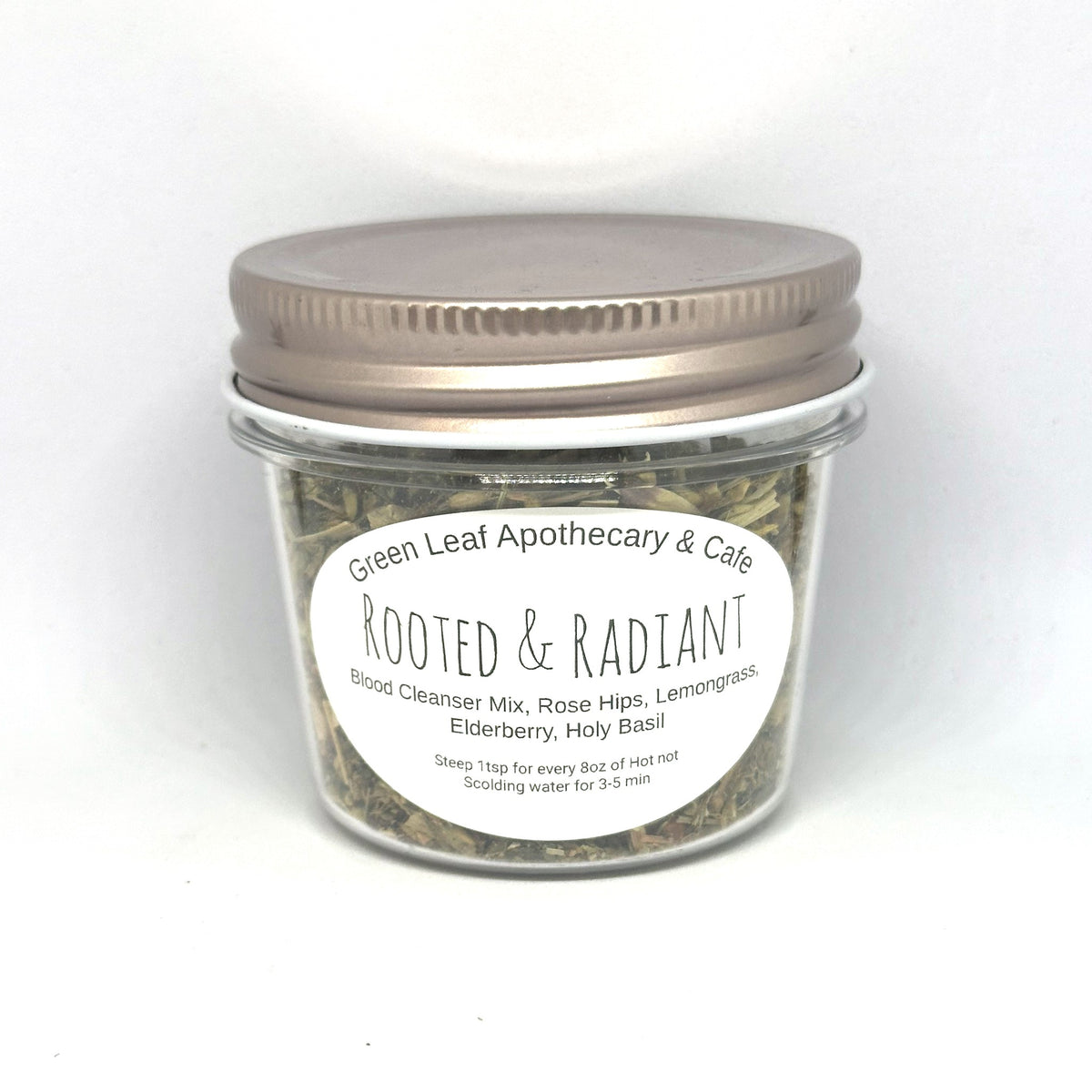 Rooted & Radiant mixed tea in a Green Leaf Apothecary & Cafe jar
