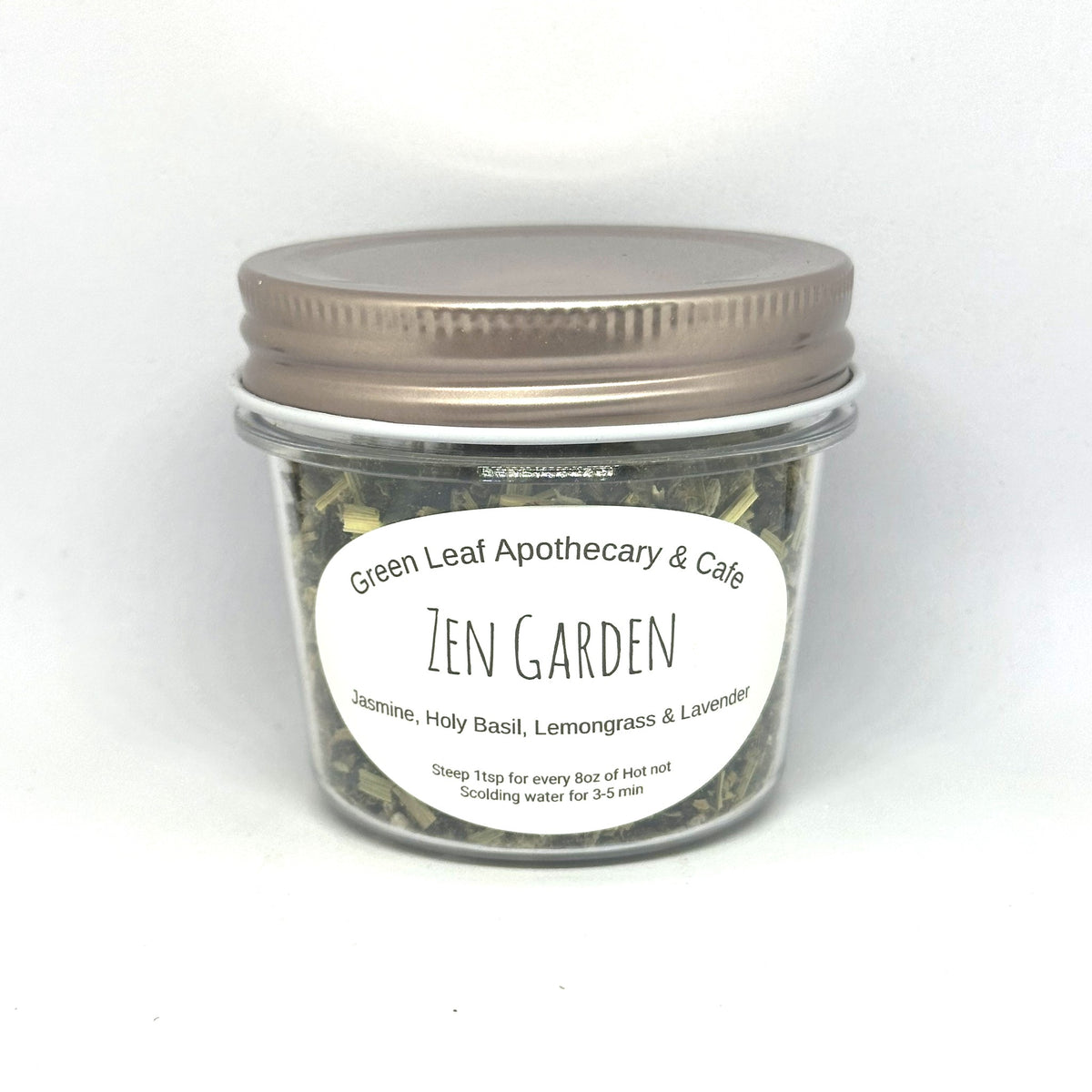 Zen Garden mixed tea in a Green Leaf Apothecary & Cafe jar